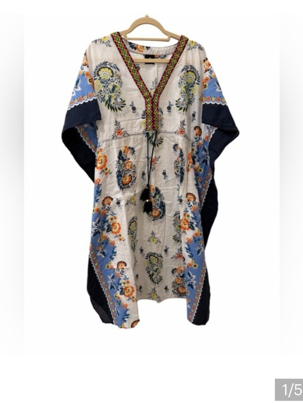 ECHO Embroidered V-Neck Floral Caftan Dress EUC